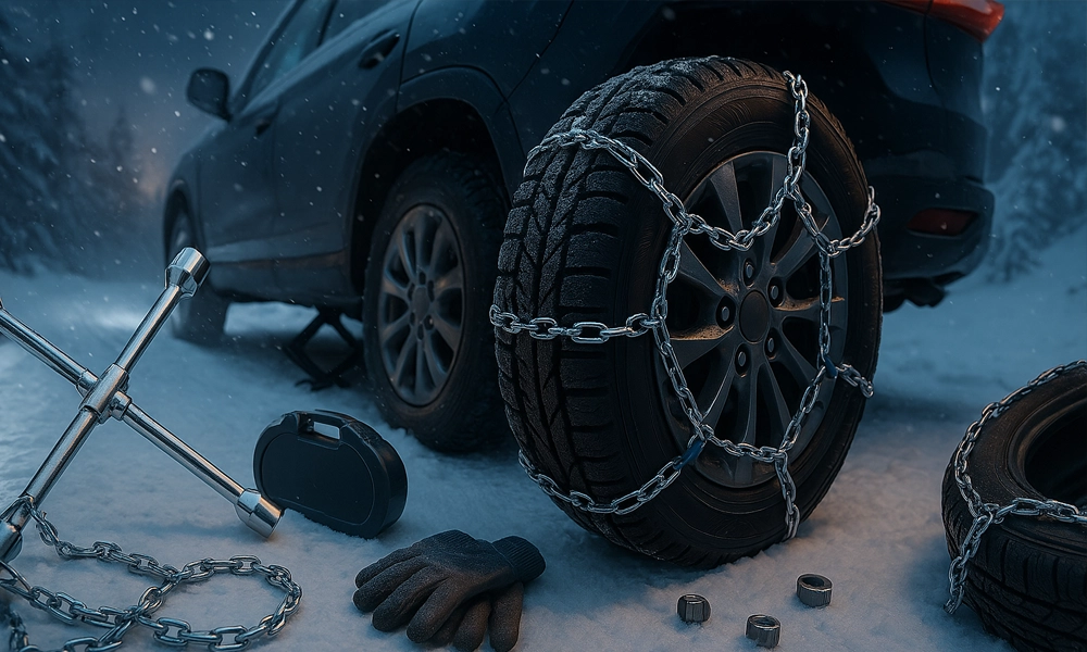 Wheel chains, steel barricades against ice and snow